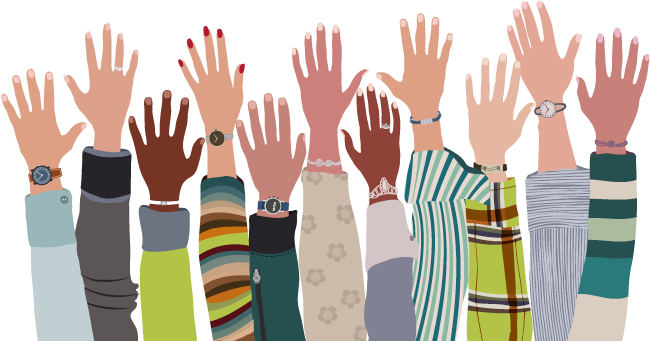 Image depicting many people's hands raised upwards.