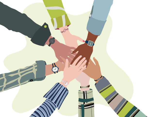 Bild mit einer Gruppe von Händen verschiedener Ethnien und Hautfarben, die übereinander gelegt sind, um Zusammenarbeit und Einigkeit für Teamarbeit zu symbolisieren.