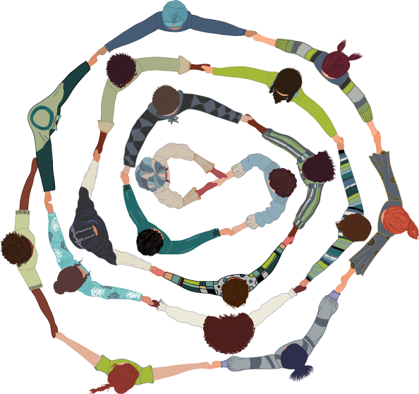 Girotondo di persone diverse che si tengono per mano